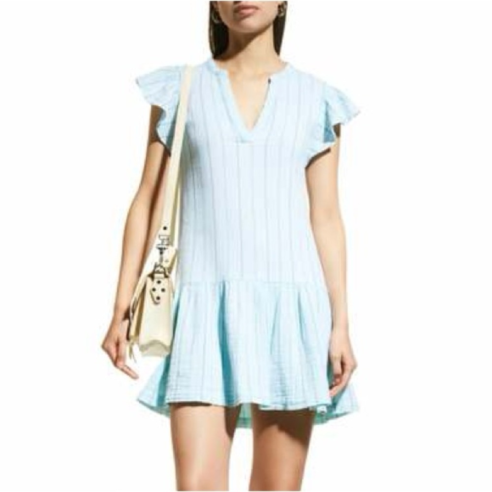 Monrow Pinstripe Gauze Easy Ruffle Sea Foam Striped V-Neck Short Sleeve Dress S